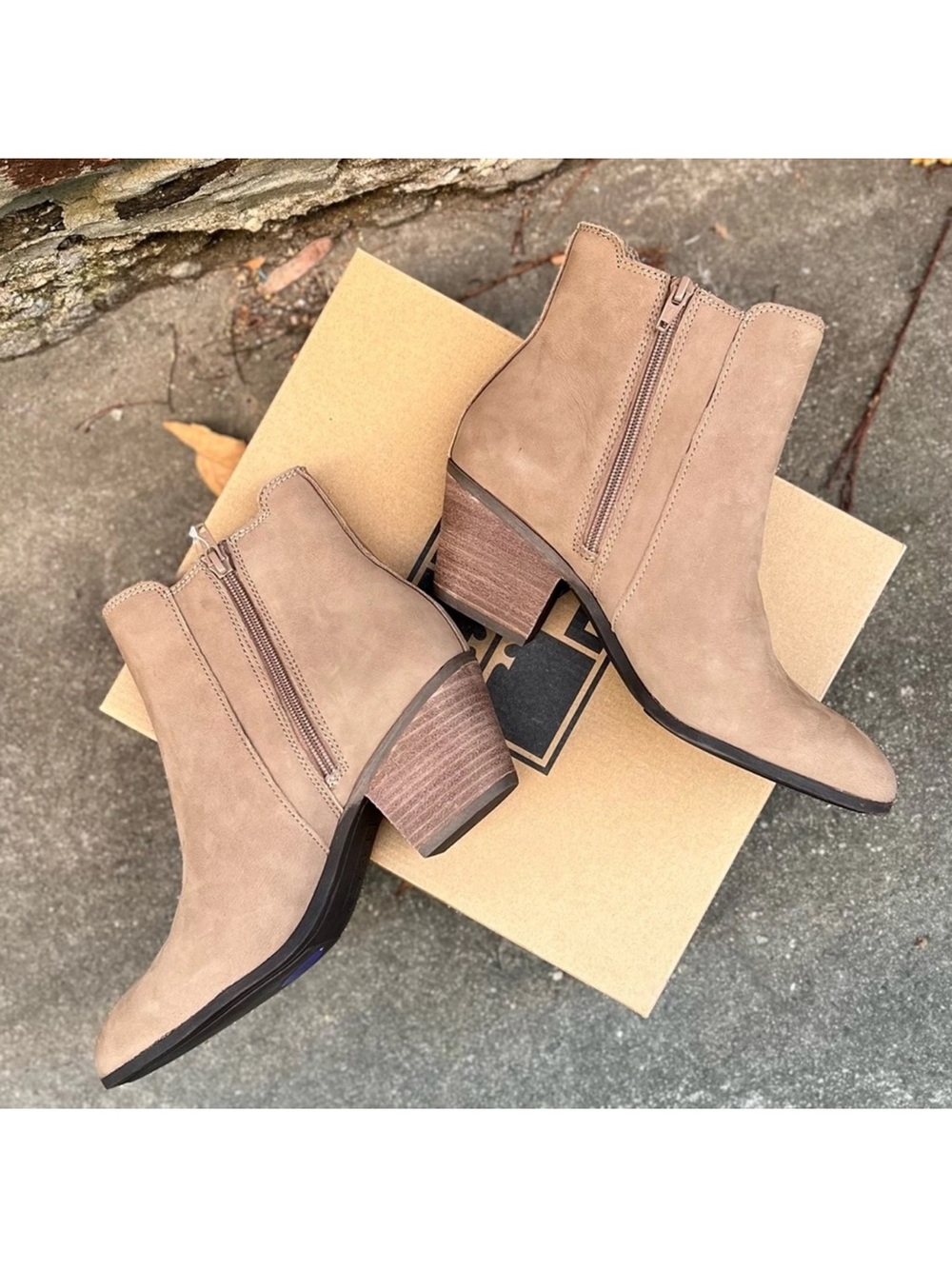 Frye Taupe Suede Side-Zip Ankle Booties with Stacked Heel